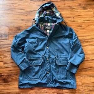 Vintage Woolrich Womens Size Large Teal Parka Jacket W/Hood Plaid Wool Liner